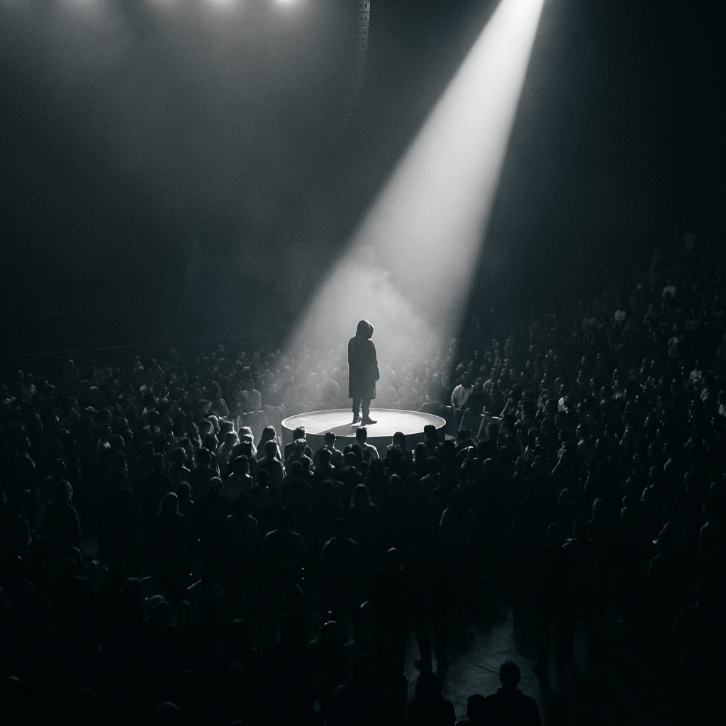 Performer on a circular platform illuminated by a bright spotlight in a crowded arena.