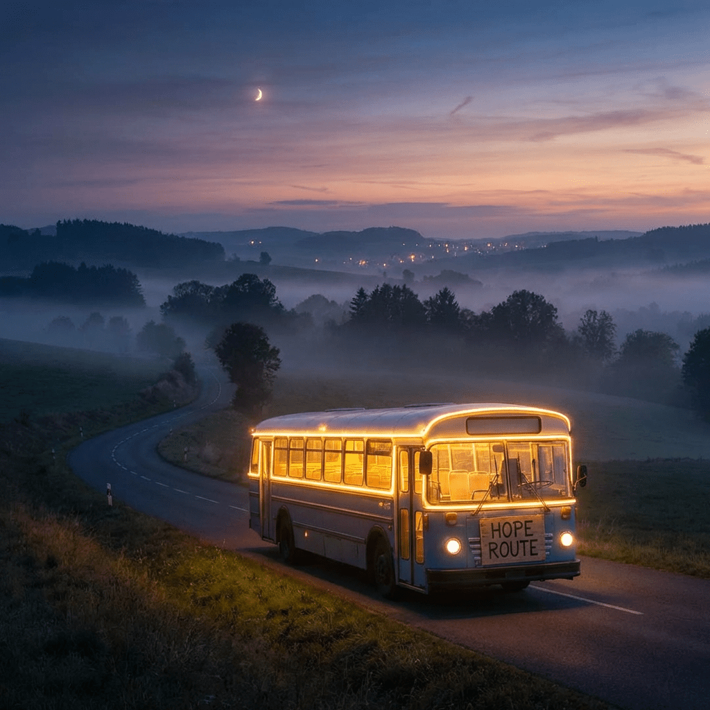 Vintage bus with HOPE ROUTE sign driving through a misty valley at dusk.