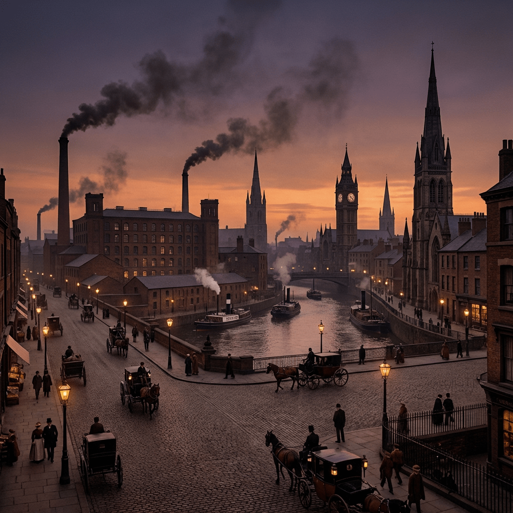 Horse-drawn carriages and steamboats in a Victorian industrial city during a smokey sunset.