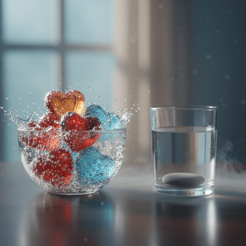 Vibrant glass hearts splashing in a bowl next to a solitary stone in water.