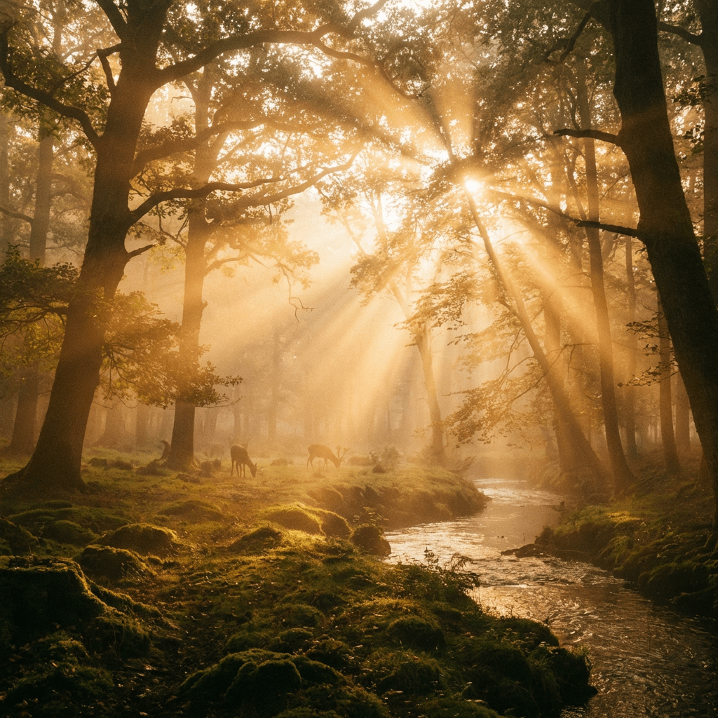 Sunbeams shining through misty trees onto a forest stream with grazing deer.