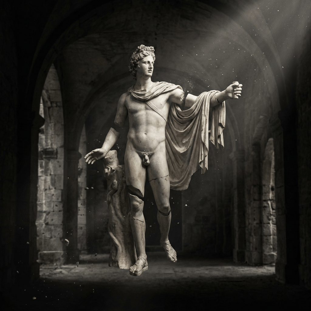 Fragmented classical statue floating in a dark vaulted corridor under a dramatic light beam.