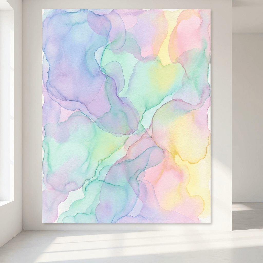Large abstract watercolor painting with pastel shades of purple, blue, green, and yellow.