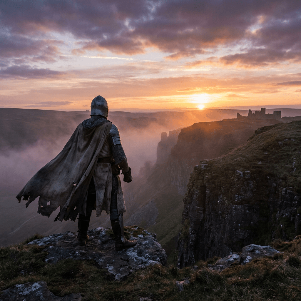 Knight in armor overlooking a misty valley and castle at sunset.