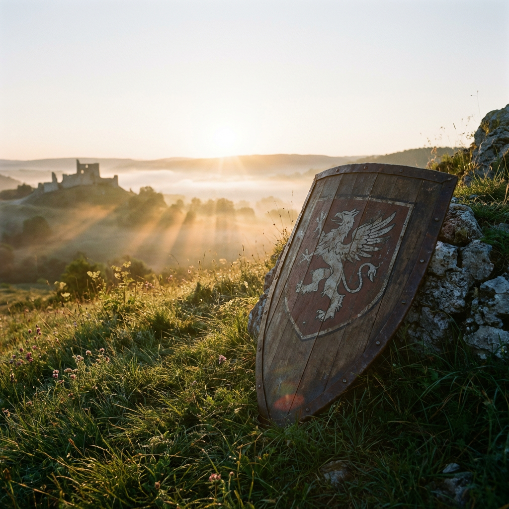 Wooden shield with a griffin crest on a grassy hill overlooking a misty castle at sunrise.