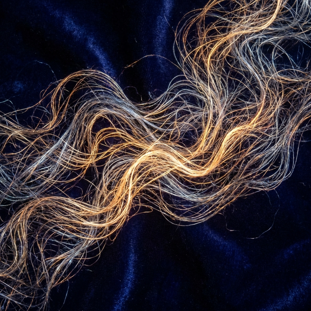 Tangled strands of golden-brown hair resting on a dark blue velvet surface.