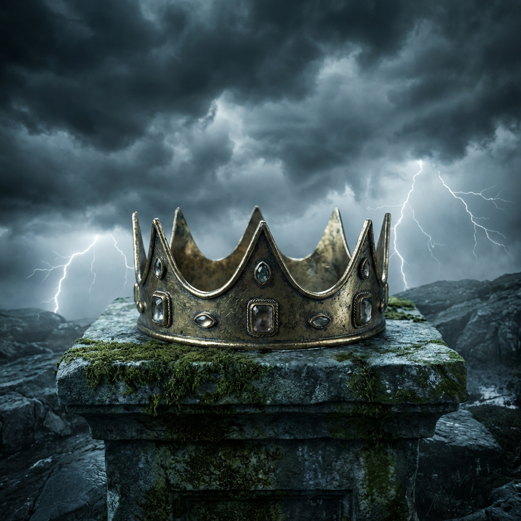 Jeweled gold crown on a mossy stone pedestal under a dark sky with lightning.