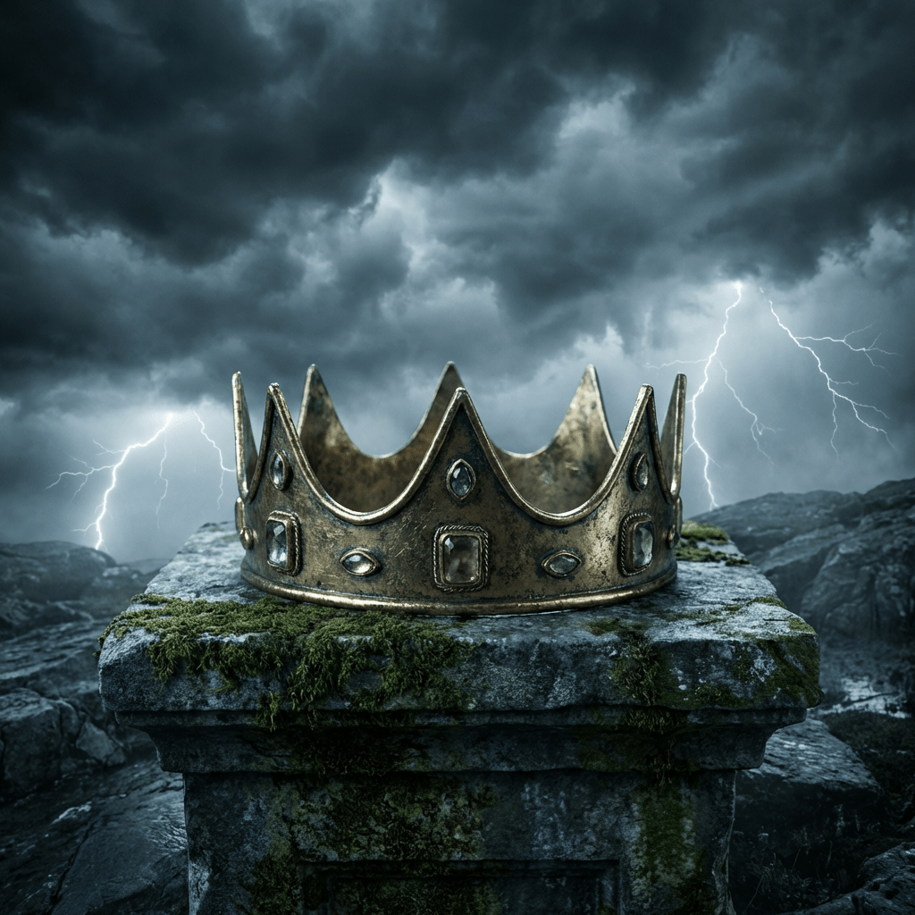 Jeweled gold crown on a mossy stone pedestal under a dark sky with lightning.