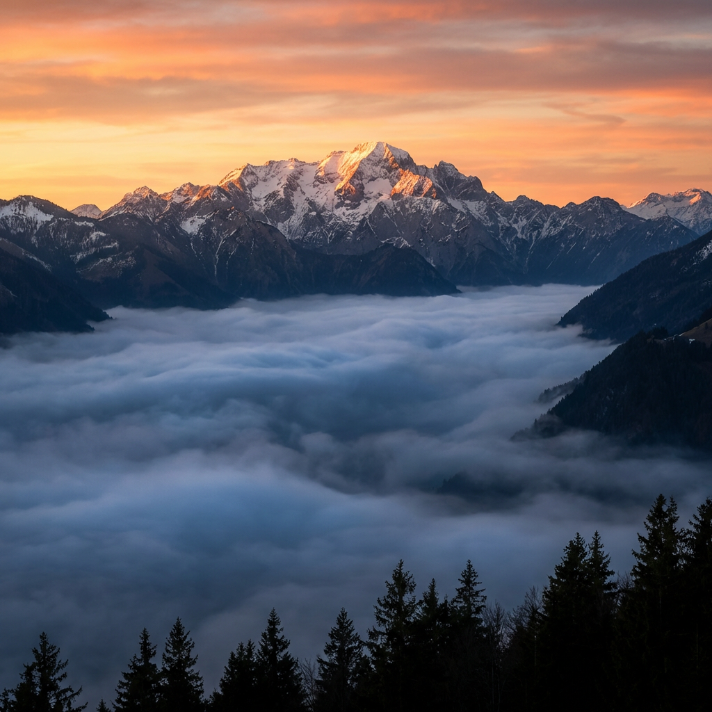 Snow-capped mountains rising above a thick layer of clouds during a golden sunrise.