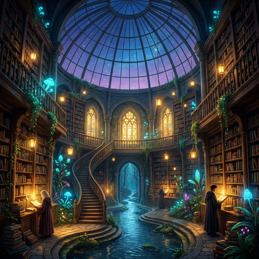 A magical library featuring a starry glass dome, indoor river, and glowing mystical plants.