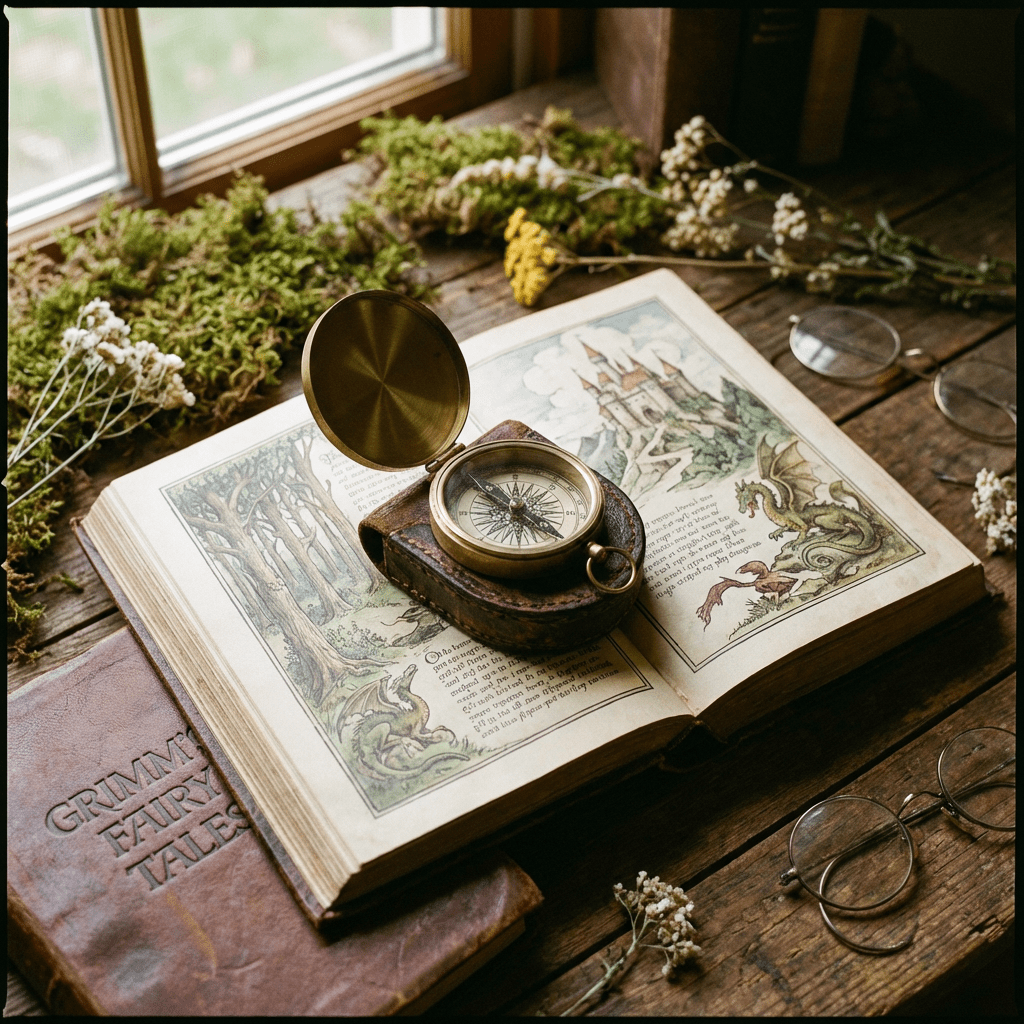 Brass compass on an open fairy tale book featuring dragon and castle illustrations.