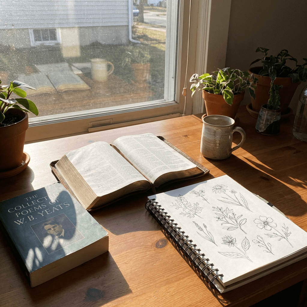 An open book, poetry collection, and botanical sketchbook sit on a sunny wooden desk.