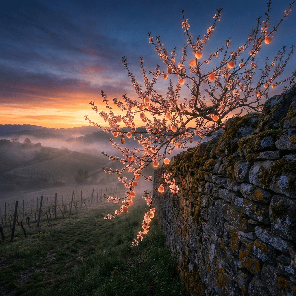 Blossoming tree with glowing fruit over a stone wall in a misty vineyard at sunrise.