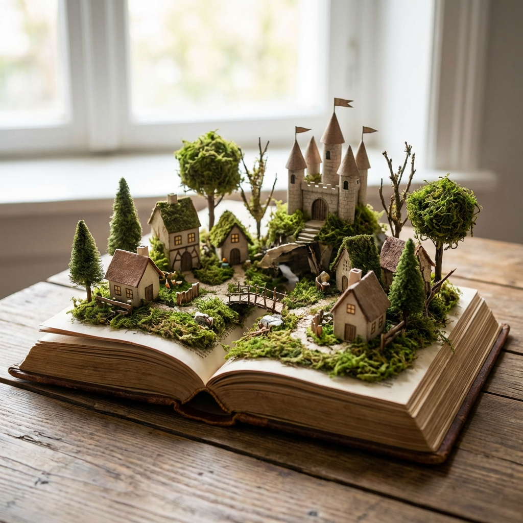 Miniature village with houses and a castle built on top of an open book.