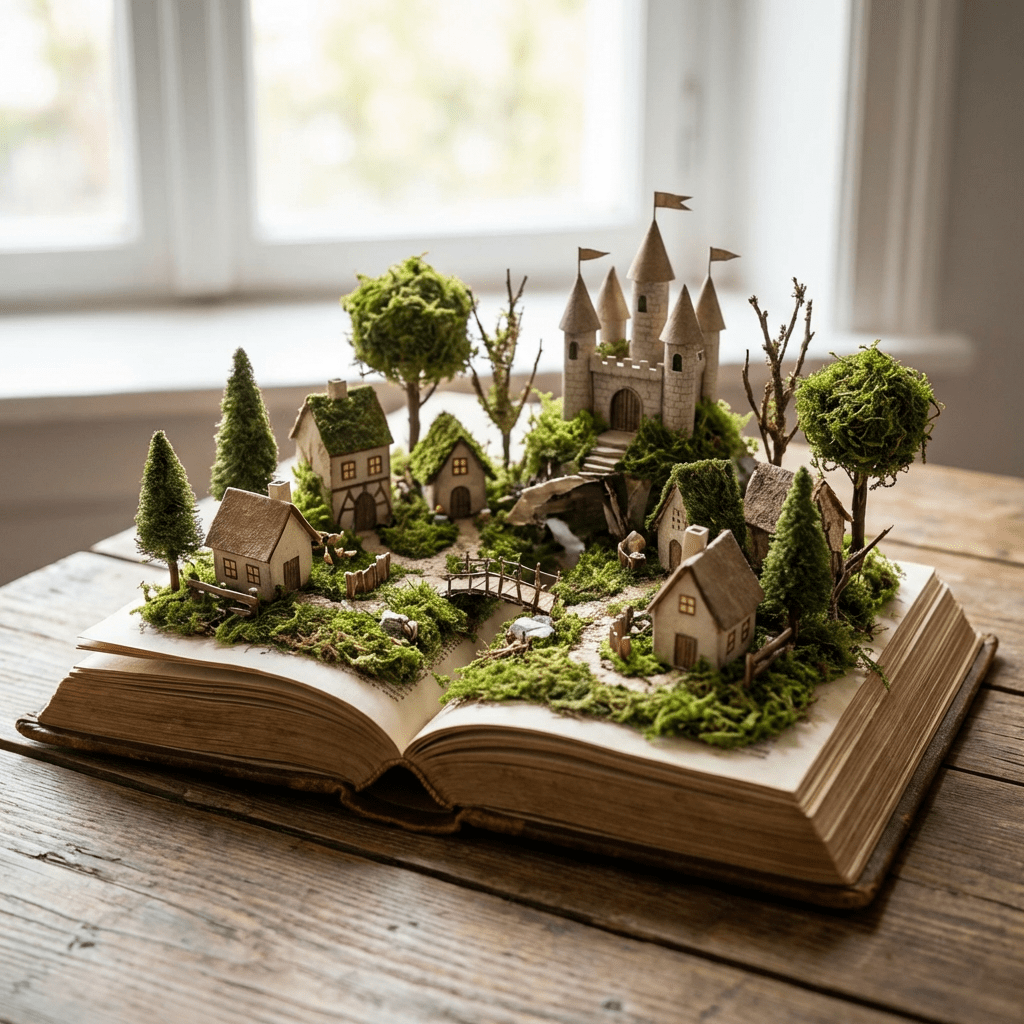 Miniature village with houses and a castle built on top of an open book.