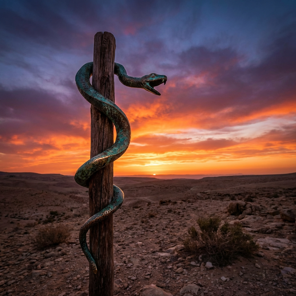 Bronze serpent sculpture coiled around a wooden pole in a desert landscape during sunset.