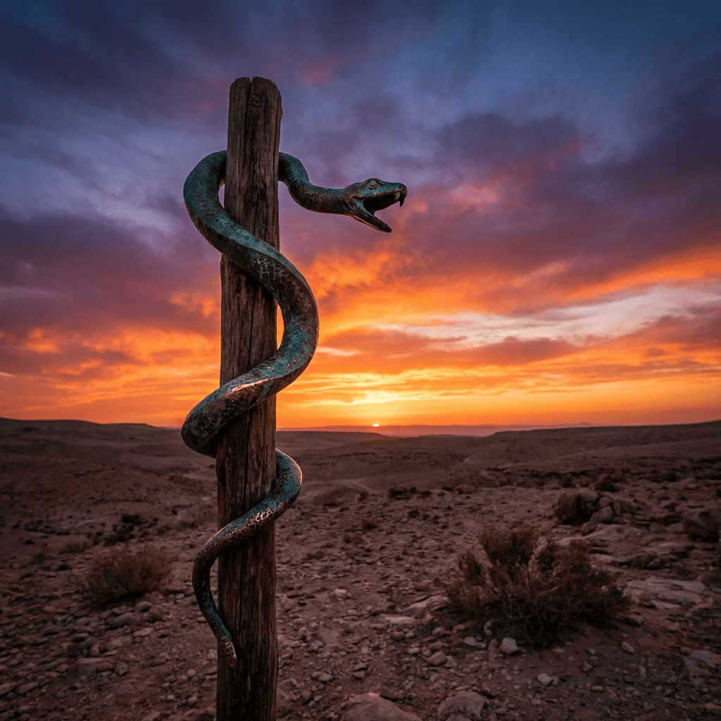 Bronze serpent sculpture coiled around a wooden pole in a desert landscape during sunset.