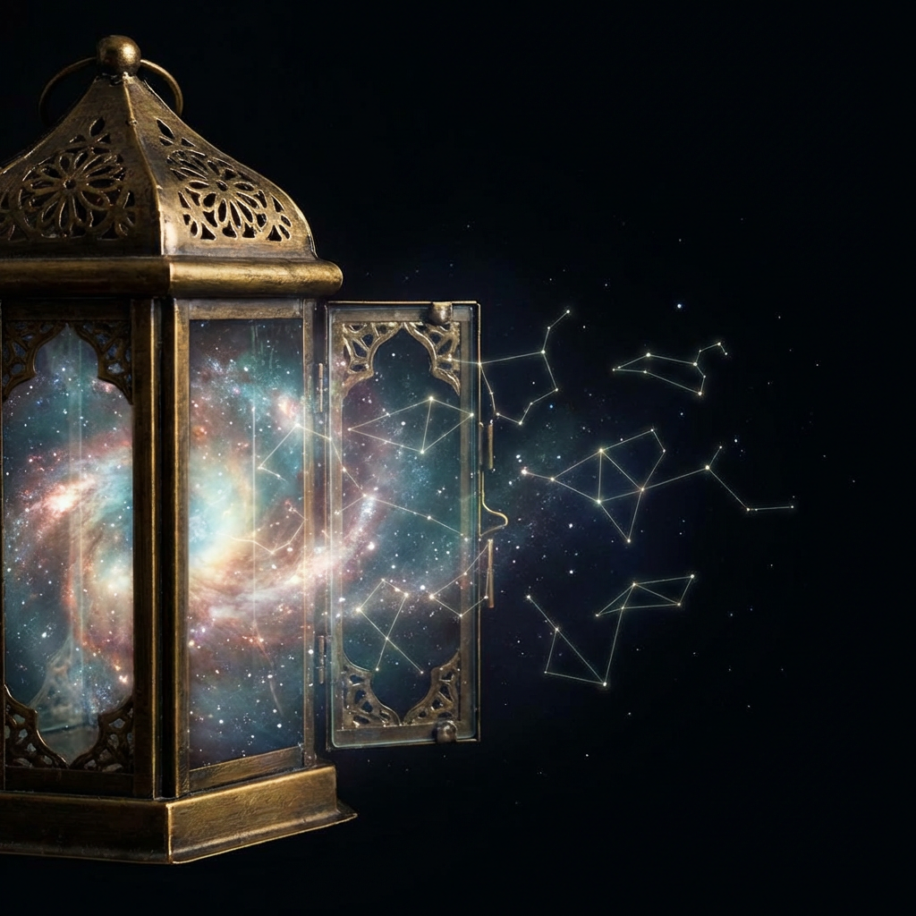Ornate lantern containing a glowing galaxy with constellations spilling out into a dark background.
