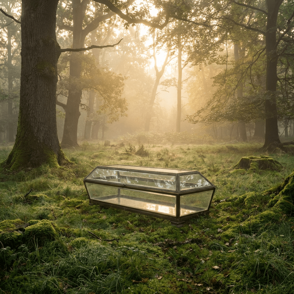 Rectangular glass case resting on a mossy floor in a sunlit, misty forest clearing.