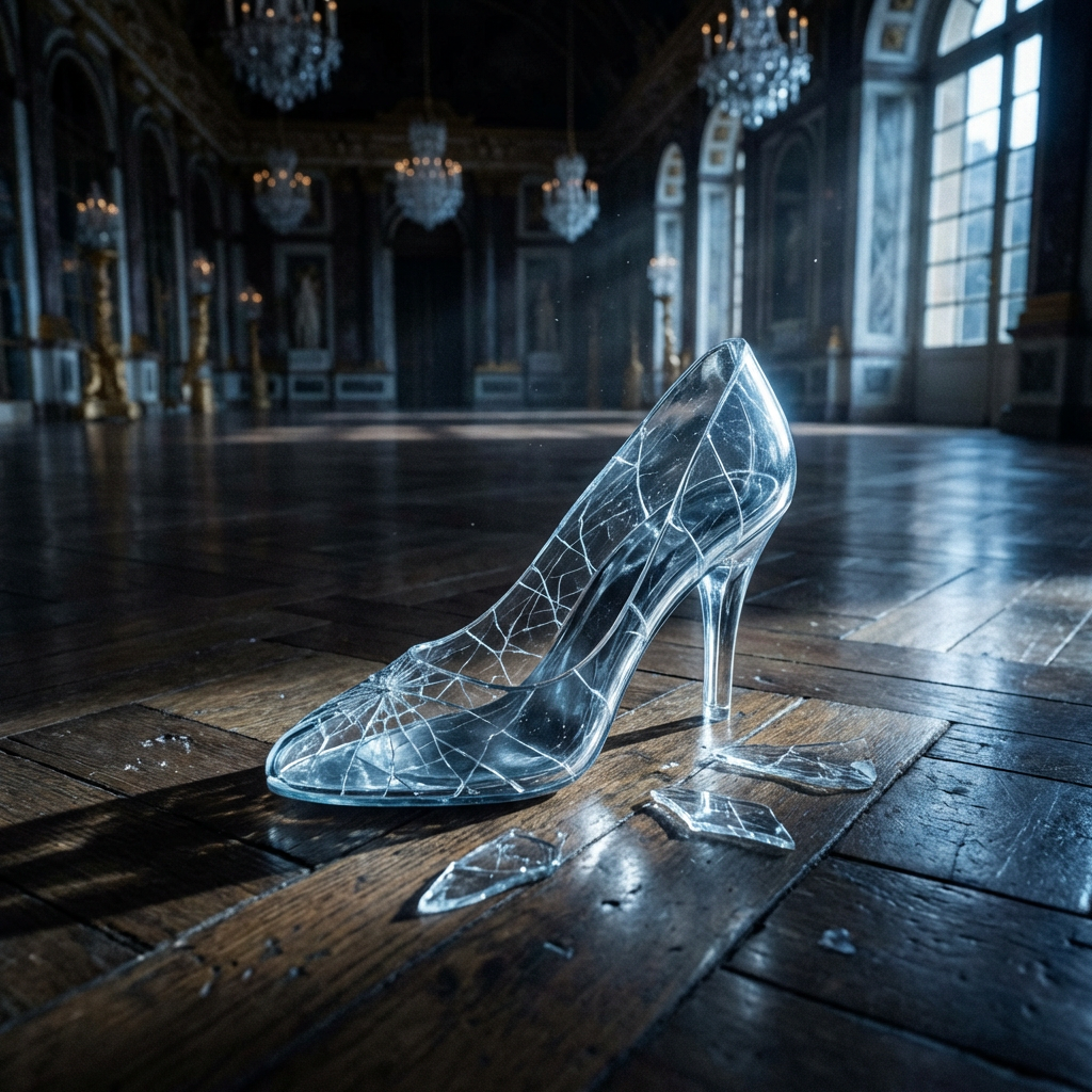 A cracked glass slipper on a wooden floor in a dark ballroom with crystal chandeliers.