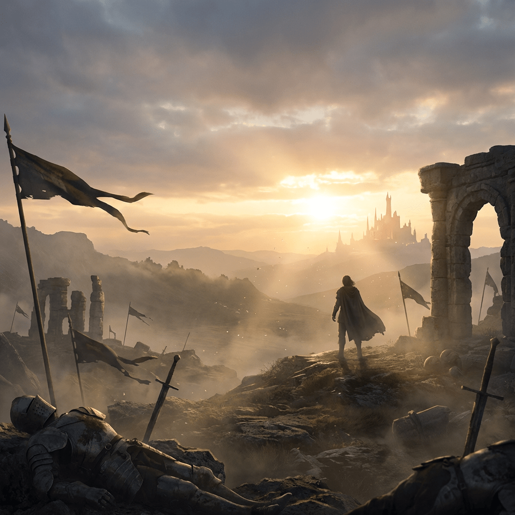 Lone warrior surveying a misty battlefield with tattered flags and a distant, glowing castle.