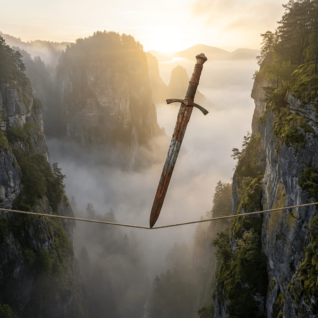 A rusted sword balances on its tip on a rope stretched between two foggy cliffs.