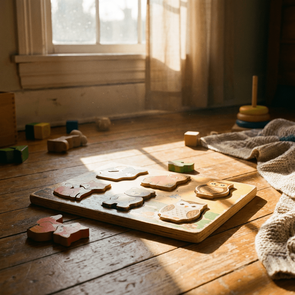 A wooden animal puzzle with forest creatures on a sunlit wooden floor.
