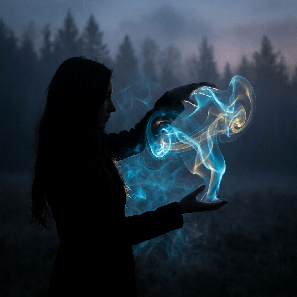 Silhouette of a person holding glowing blue and gold swirling smoke in a dark forest.
