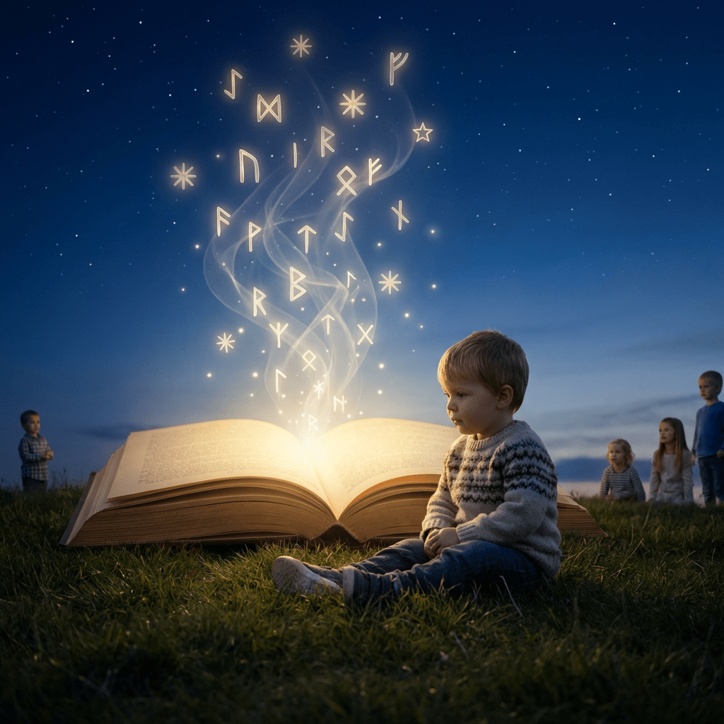 Child sitting before a large, glowing open book with magical runes rising into the night sky.