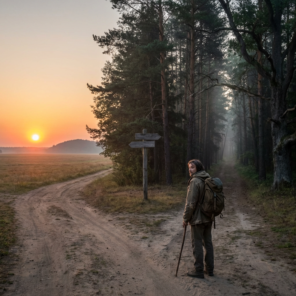 A traveler with a backpack stands at a forest crossroads during a misty sunrise.