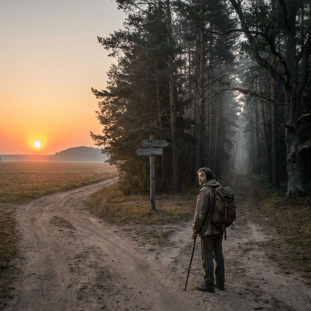 A traveler with a backpack stands at a forest crossroads during a misty sunrise.