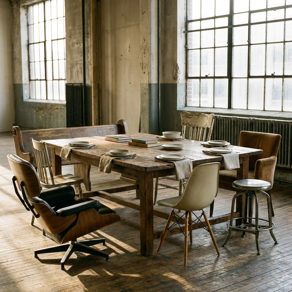 Rustic wooden table with various mismatched chairs in an industrial loft setting.