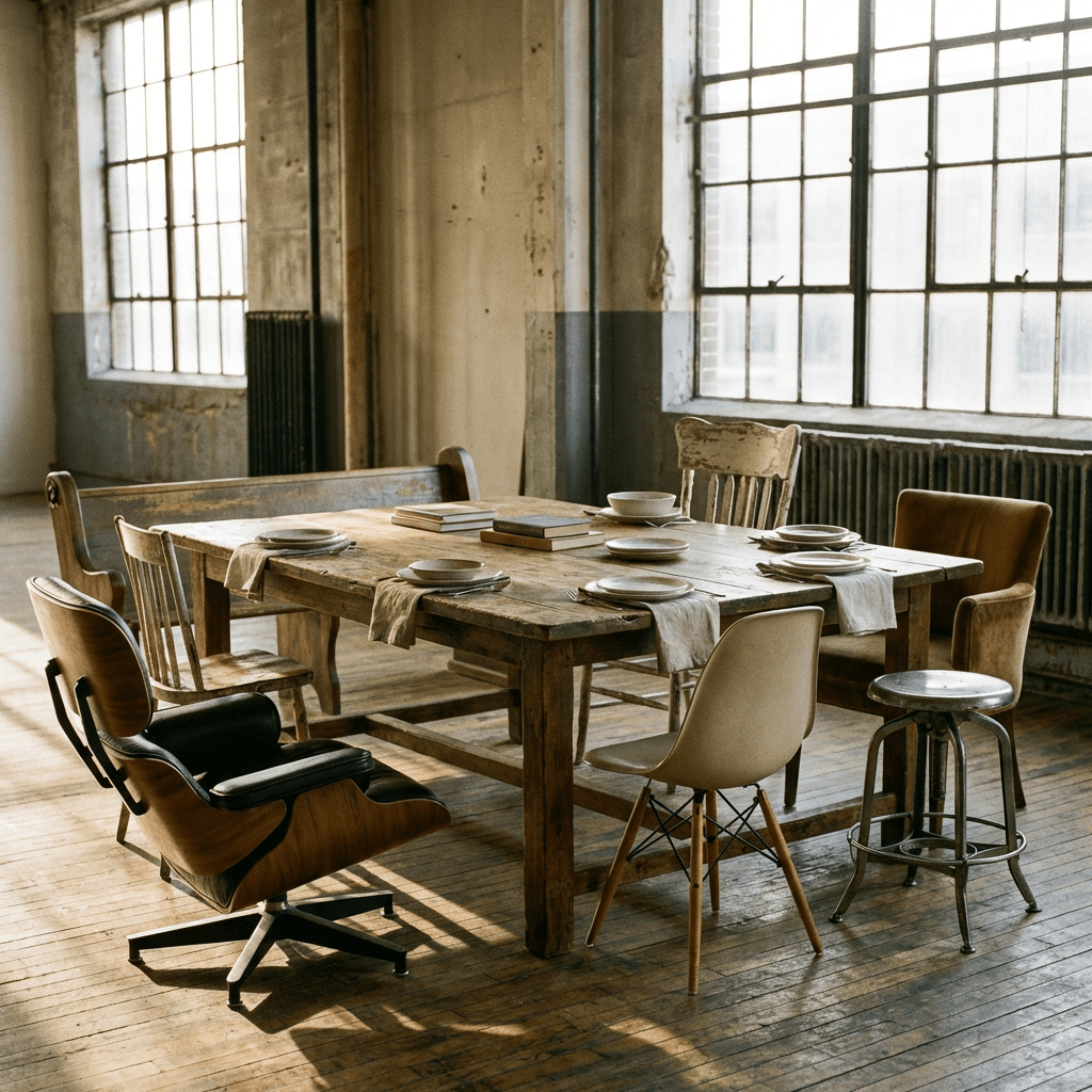 Rustic wooden table with various mismatched chairs in an industrial loft setting.
