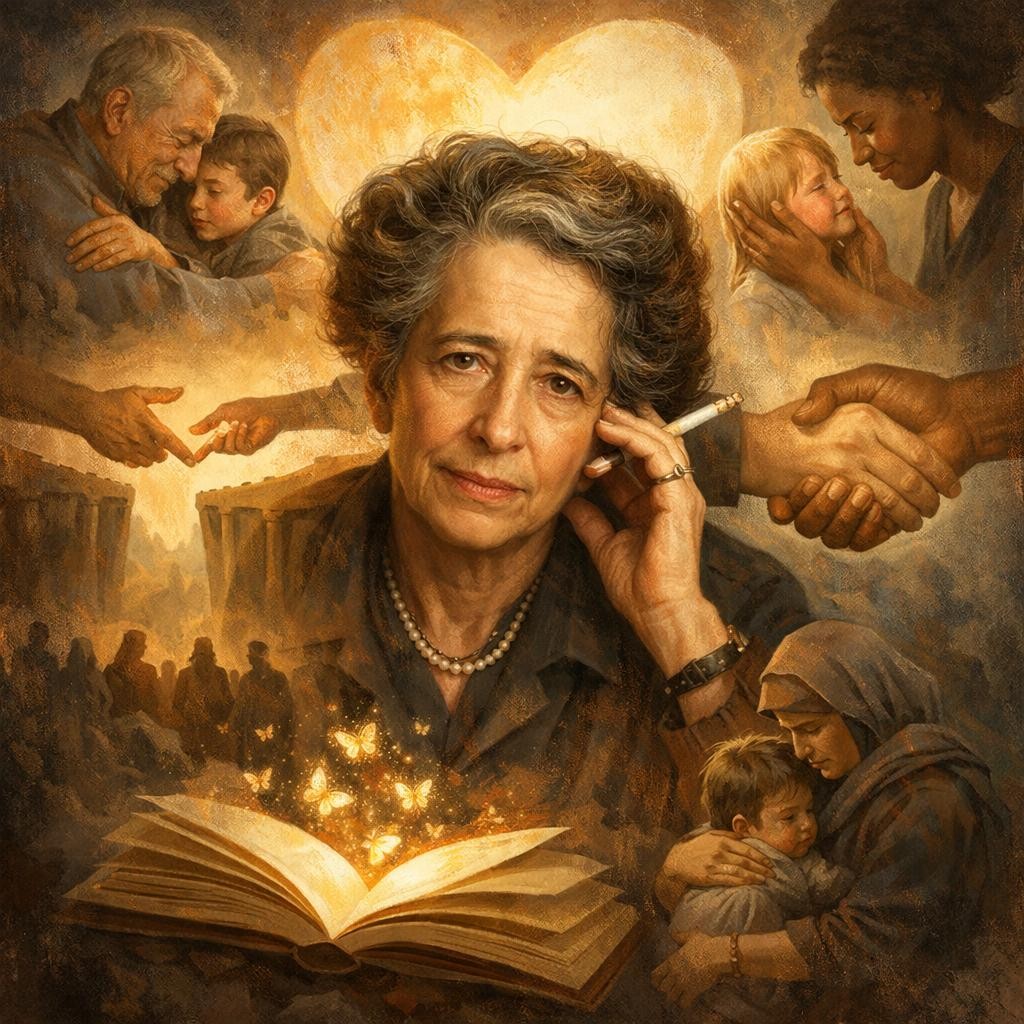 Older woman holding a cigarette with surrounding scenes of hugging, handshake, and caring gestures.