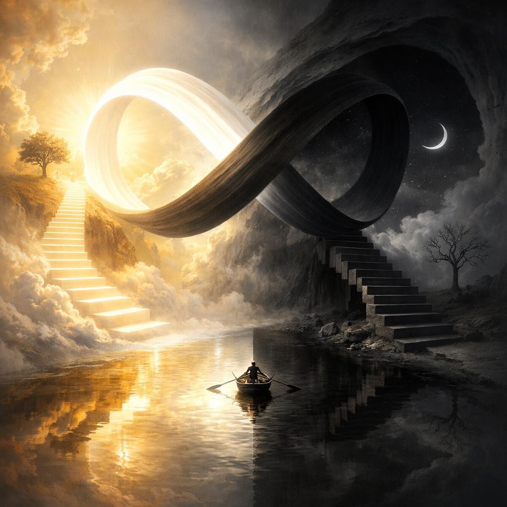 Boatman rowing on water between staircases leading to day and night environments connected by an infinity loop