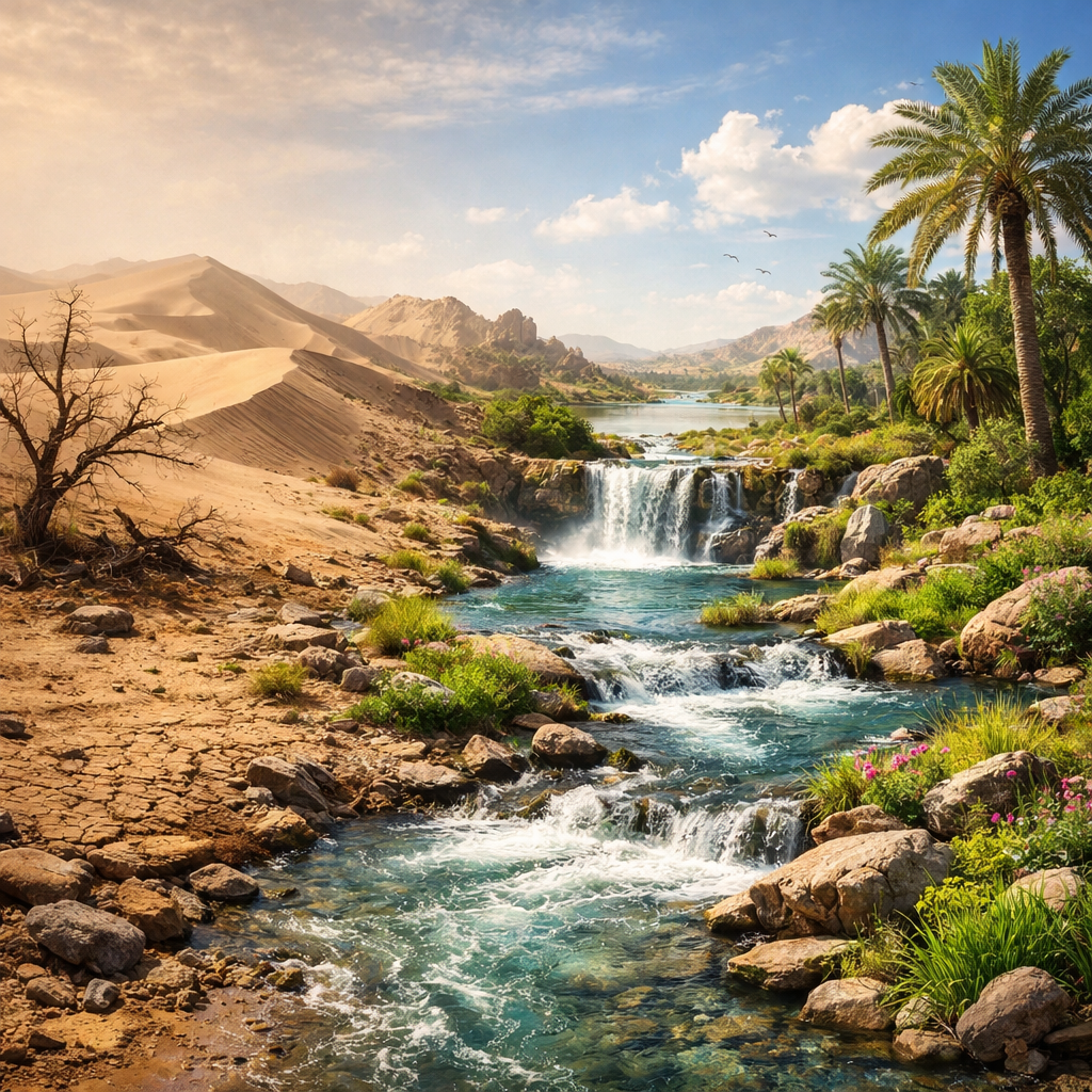 Waterfall and flowing river in a desert oasis with palm trees and sand dunes