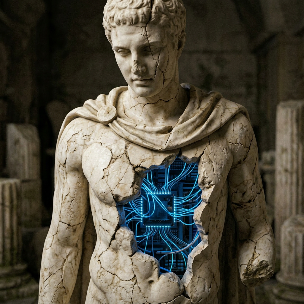 Classical statue with a hollow chest showing a blue glowing digital circuit inside